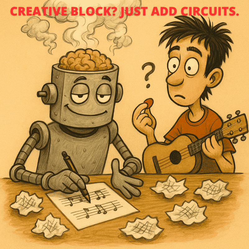 A cartoon robot with a steaming brain helps a confused guitarist write music, surrounded by crumpled sheets. A funny take on AI songwriting, in true CFG Cable Free Guitar style.