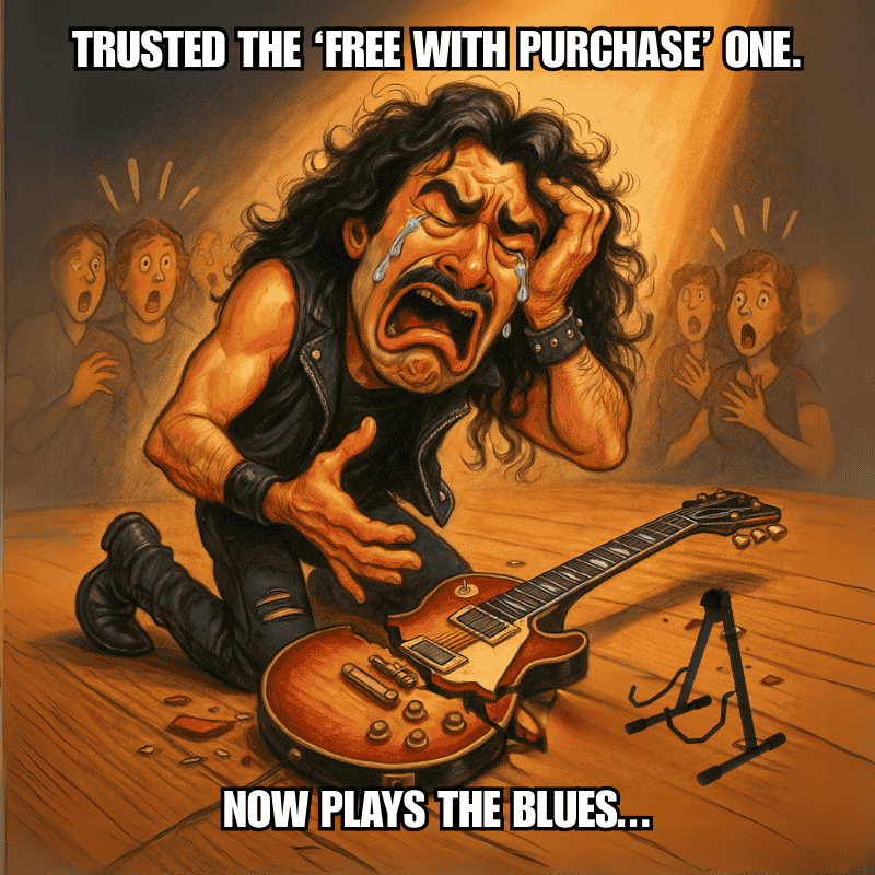 Crying guitarist with broken guitar next to a collapsed stand. Highlights the risk of cheap gear. Promotes CFG BunnyNest stand.