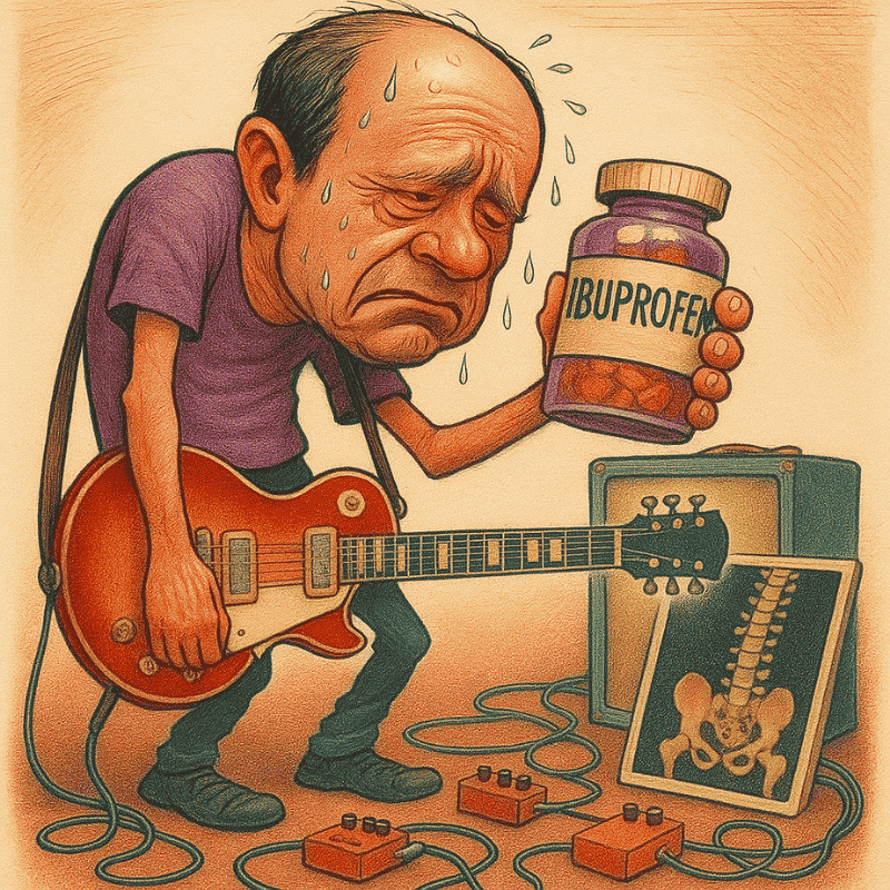 Caricature of a sweaty guitarist slouching under a Les Paul, holding a giant Ibuprofen bottle. Used in CFG’s article “Guitar & Bass Straps That Don’t Hurt: What Every Player Over 35 Needs to Know”.