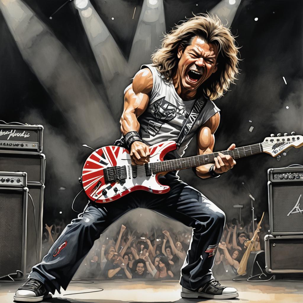 extreme caricature of Eddie Van Halen playing guitar on stage