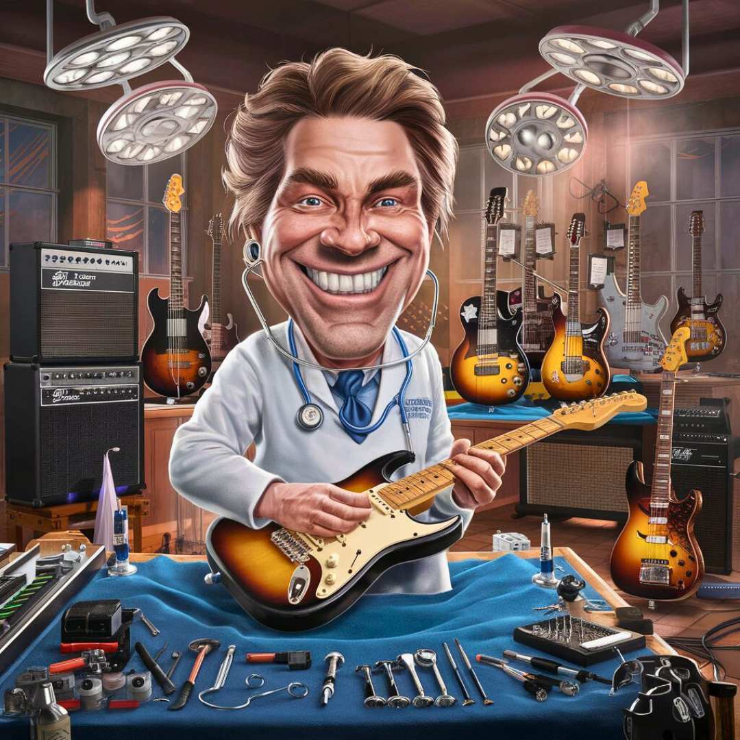 A humorous illustration features a smiling guitar repair technician in a white lab coat with a stethoscope. He is surrounded by guitars and repair tools, blending medical precision with guitar repair.