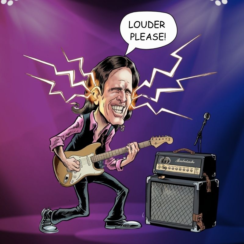 Caricature of a guitarist yelling "LOUDER PLEASE!" with sound waves from ears, highlighting hearing damage risks. purenote earplugs high fidelity musicians CFG Cable Free Guitar.