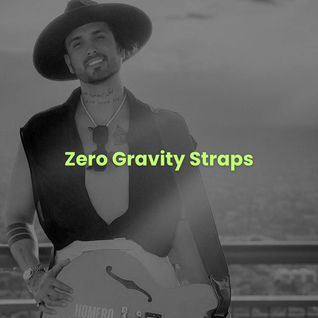 Guitarist wearing a CFG Cable Free Guitar Zero Gravity Strap outdoors