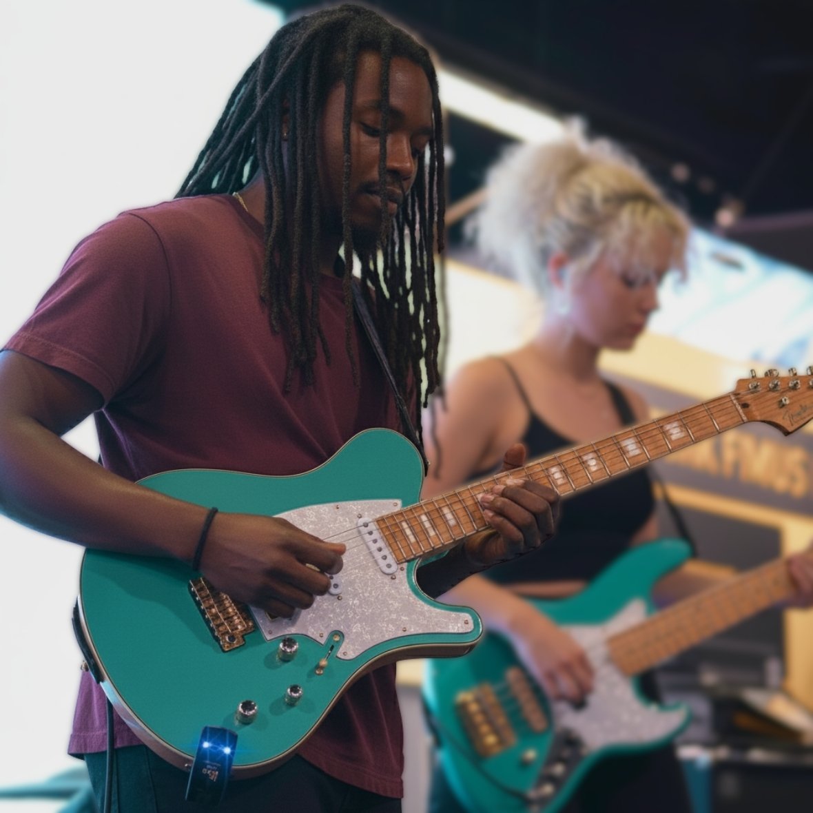 Person playing a teal electric guitar with another person in the background. CF-80 2.4ghz wireless guitar and bass system by CFG cable free guitar
