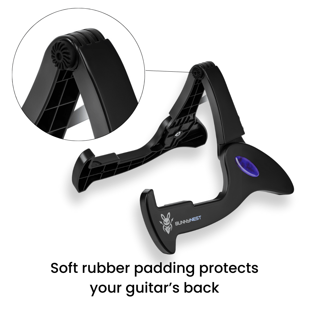 Black guitar back protector with soft rubber padding on a green CFG BunnyNest, a lightweight portable folding guitar stand by Cable Free Guitar_ Fits all guitar types: electric, bass, acoustic, classic, and banjo_ Easily fits into your gig bag, ideal for musicians on the go_ Explore the versatility and convenience of the CFG BunnyNestbackground