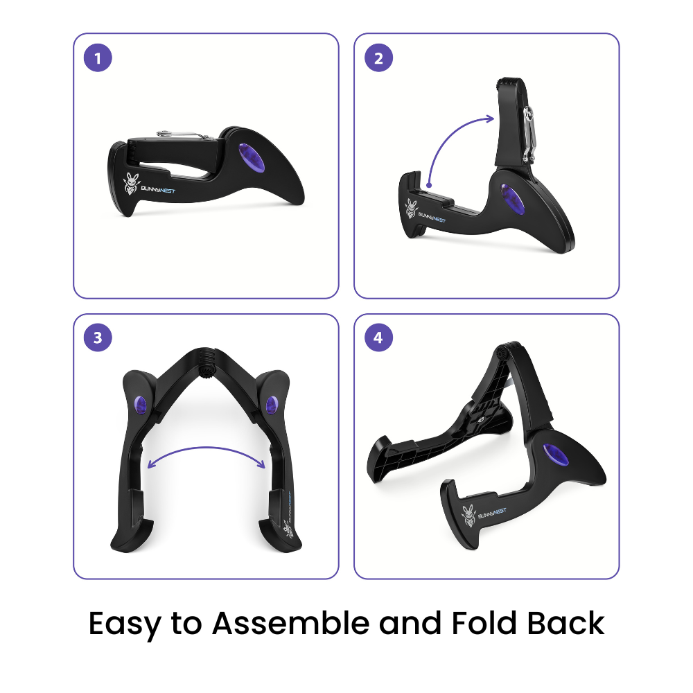 CFG BunnyNest, a lightweight portable folding guitar stand by Cable Free Guitar_ Fits all guitar types: electric, bass, acoustic, classic, and banjo_ Easily fits into your gig bag, ideal for musicians on the go_ Explore the versatility and convenience of the CFG BunnyNest