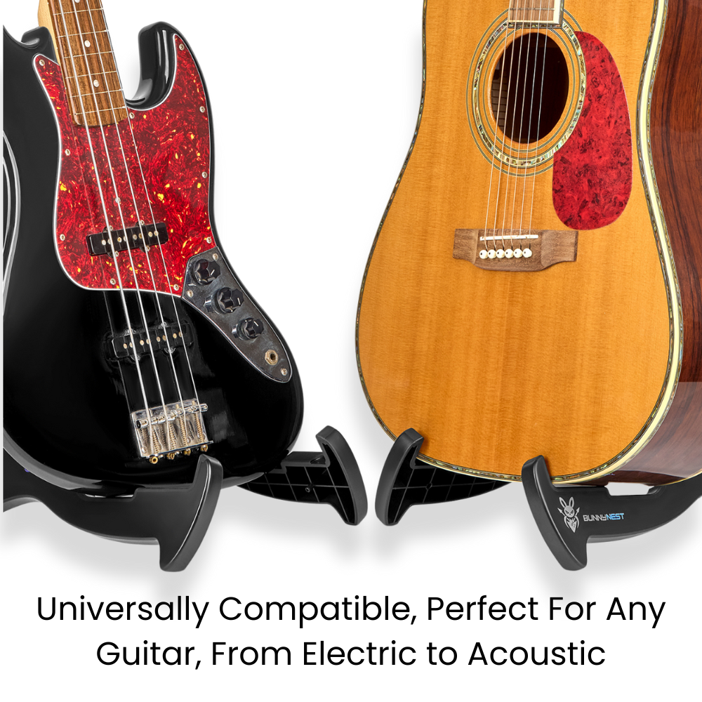 CFG BunnyNest, a lightweight portable folding guitar stand by Cable Free Guitar_ Fits all guitar types: electric, bass, acoustic, classic, and banjo_ Easily fits into your gig bag, ideal for musicians on the go_ Explore the versatility and convenience of the CFG BunnyNest