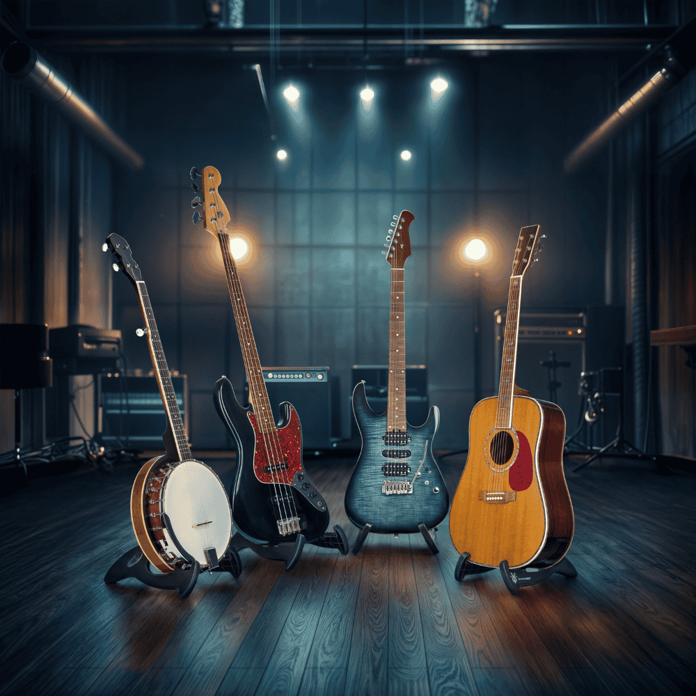 CFG BunnyNest, a lightweight portable folding guitar stand by Cable Free Guitar_ Fits all guitar types: electric, bass, acoustic, classic, and banjo_ Easily fits into your gig bag, ideal for musicians on the go_ Explore the versatility and convenience of the CFG BunnyNest