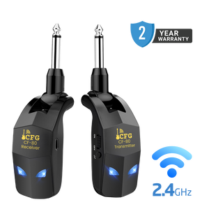 CFG CF-80 Cable Free Guitar wireless system – 2.4GHz transmitter and receiver for reliable, low-latency sound. Features a sleek design, blue LED accents, and a 2-year warranty