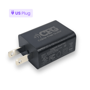Power adapter with Cable-Free Guitar logo on a transparent background CFG 5V 1A USB Wall Charger – Safe Power for Rechargeable Gear CFG Cable Free Guitar 5W wall charger USB power source adapter black
