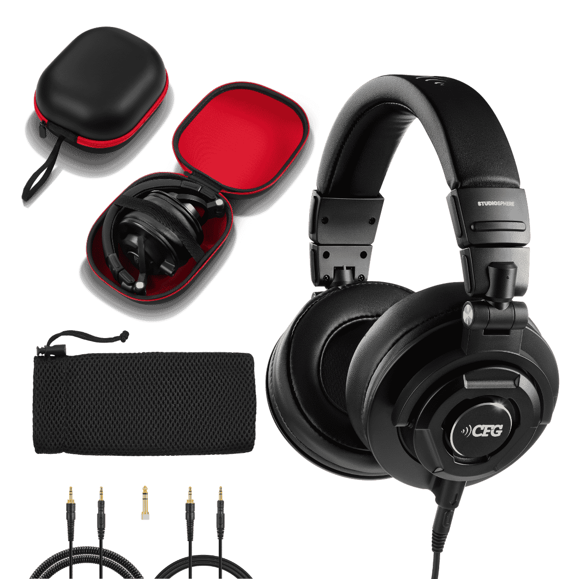 Black headphones with accessories including a carrying case, cables, and a pouch on a transparent background. CFG Cable Free Guitar STUDIOSPHERE Monitoring Headphones — For Guitar Bass, Studio, & Everyday Listening - complete set
