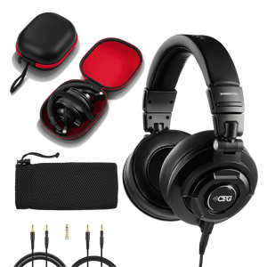 Black headphones with accessories including a carrying case, cables, and a pouch on a transparent background. CFG Cable Free Guitar STUDIOSPHERE Monitoring Headphones — For Guitar Bass, Studio, & Everyday Listening - complete set