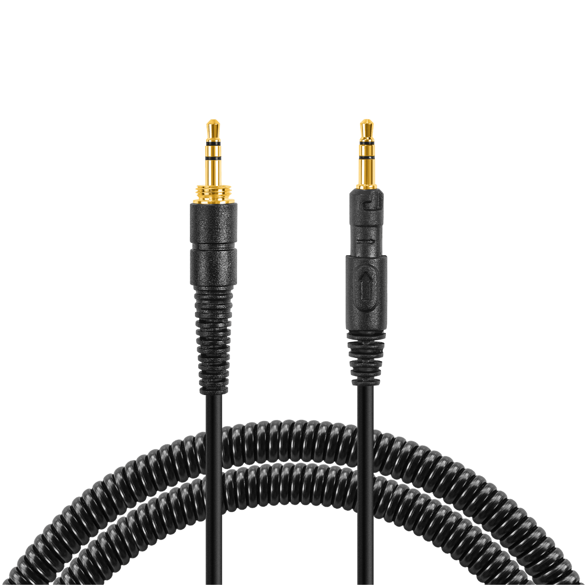 Black audio cable with gold connectors on a white background CFG Cable Free Guitar STUDIOSPHERE Monitoring Headphones — For Guitar Bass, Studio, & Everyday Listening - extra coiled cable