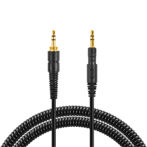 Black audio cable with gold connectors on a white background CFG Cable Free Guitar STUDIOSPHERE Monitoring Headphones — For Guitar Bass, Studio, & Everyday Listening - extra coiled cable