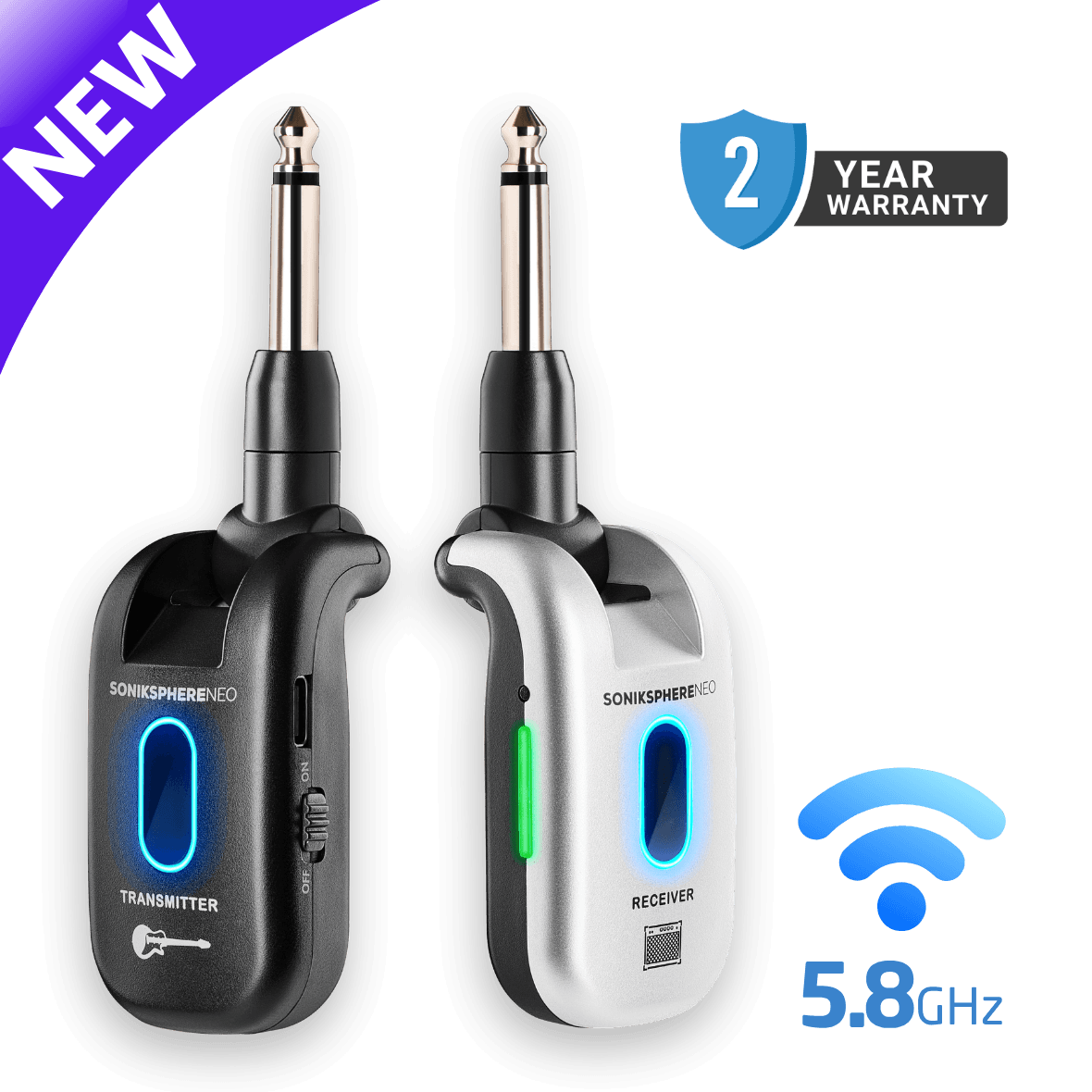 CFG Cable Free Guitar SonikSphere NEO 5.8GHz wireless guitar system featuring a black transmitter and silver receiver with illuminated status LEDs, plus New, 2-Year Warranty, and 5.8GHz icons