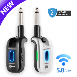 CFG Cable Free Guitar SonikSphere NEO 5.8GHz wireless guitar system featuring a black transmitter and silver receiver with illuminated status LEDs, plus New, 2-Year Warranty, and 5.8GHz icons