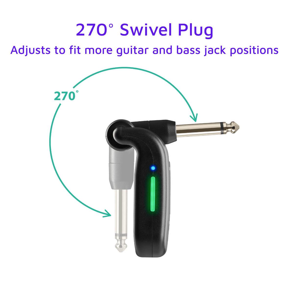 CFG Cable Free Guitar SonikSphere NEO 5.8GHz wireless guitar system showing the 270° swivel plug with adjustable folding connector, designed to fit a wide variety of guitar and bass output jack positions