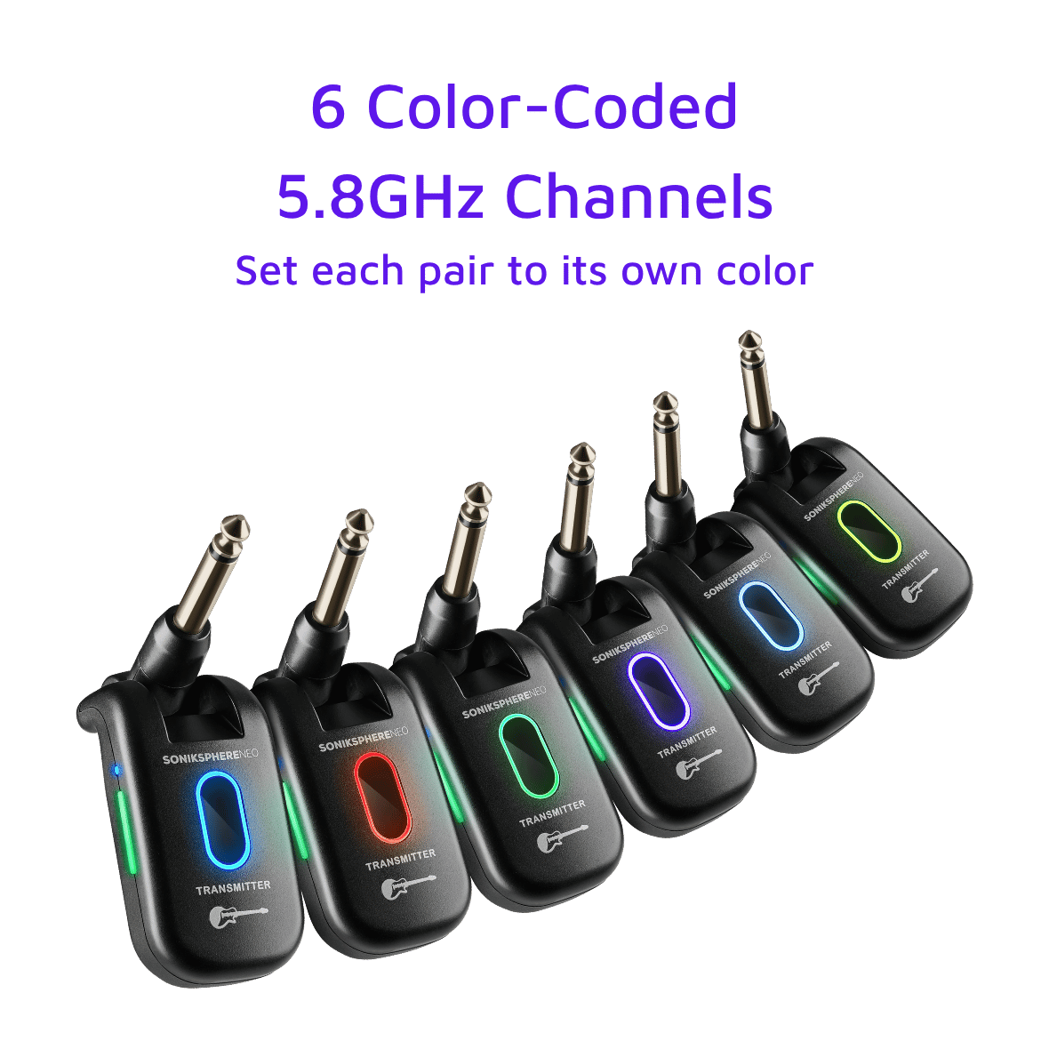 CFG Cable Free Guitar SonikSphere NEO 5.8GHz wireless transmitters showing 6 color-coded channels with individual status halo colors for setting each pair to its own channel