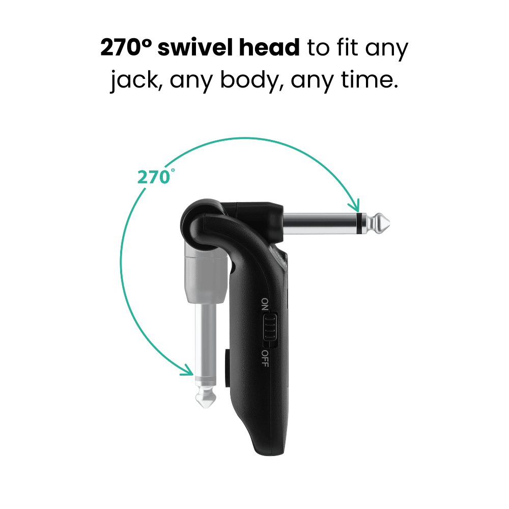 Black guitar pedal with a 270-degree swivel feature on a black background CFG Cable Free Guitar SonikSphere wireless guitar bass cordless system no cable uhf 5.8ghz 2.4ghz nexus cf-80