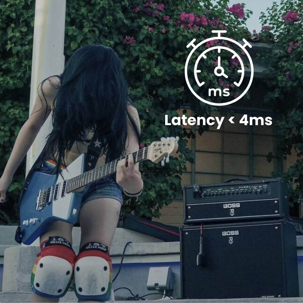 Person playing guitar with latency < 4ms logo and text CFG Cable Free Guitar SonikSphere wireless guitar bass cordless system no cable uhf 5.8ghz 2.4ghz nexus cf-80