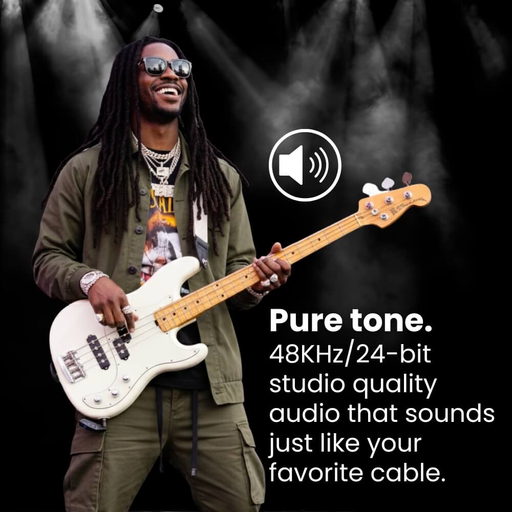 Person playing a bass guitar with promotional text about Pure Tone audio quality. CFG Cable Free Guitar SonikSphere wireless guitar bass cordless system no cable uhf 5.8ghz 2.4ghz nexus cf-80