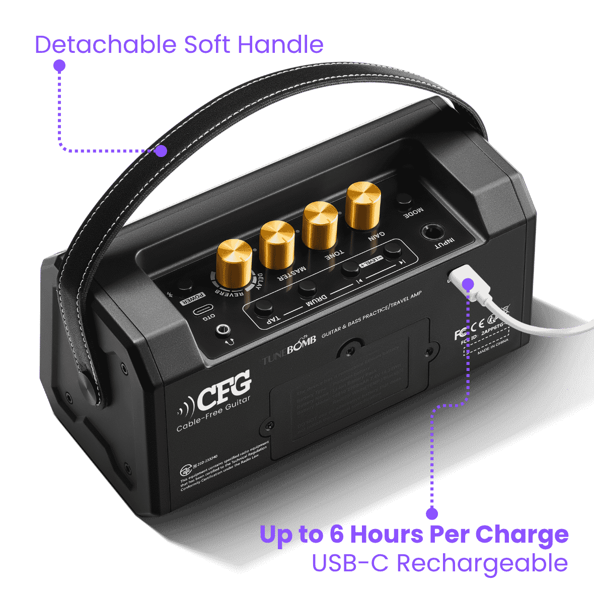 CFG cable free guitar TuneBomb 10w mini amp portable practice travel guitar bass amplifier rechargeable