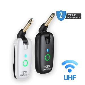 CFG Cable Free Guitar UHF Nexus wireless guitar and bass system professional cable-free performance 7 seven channels no interference color coded black and white receiver transmitter freedom stage
