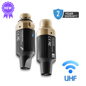 Transmitter and receiver set with UHF wireless system branding on a green background CFG Cable Free Guitar XL-aiR wireless system for dynamic mics microphones rechargeable USB-C range 165 feet 50 meters Pro XLR Audio 6-hour battery