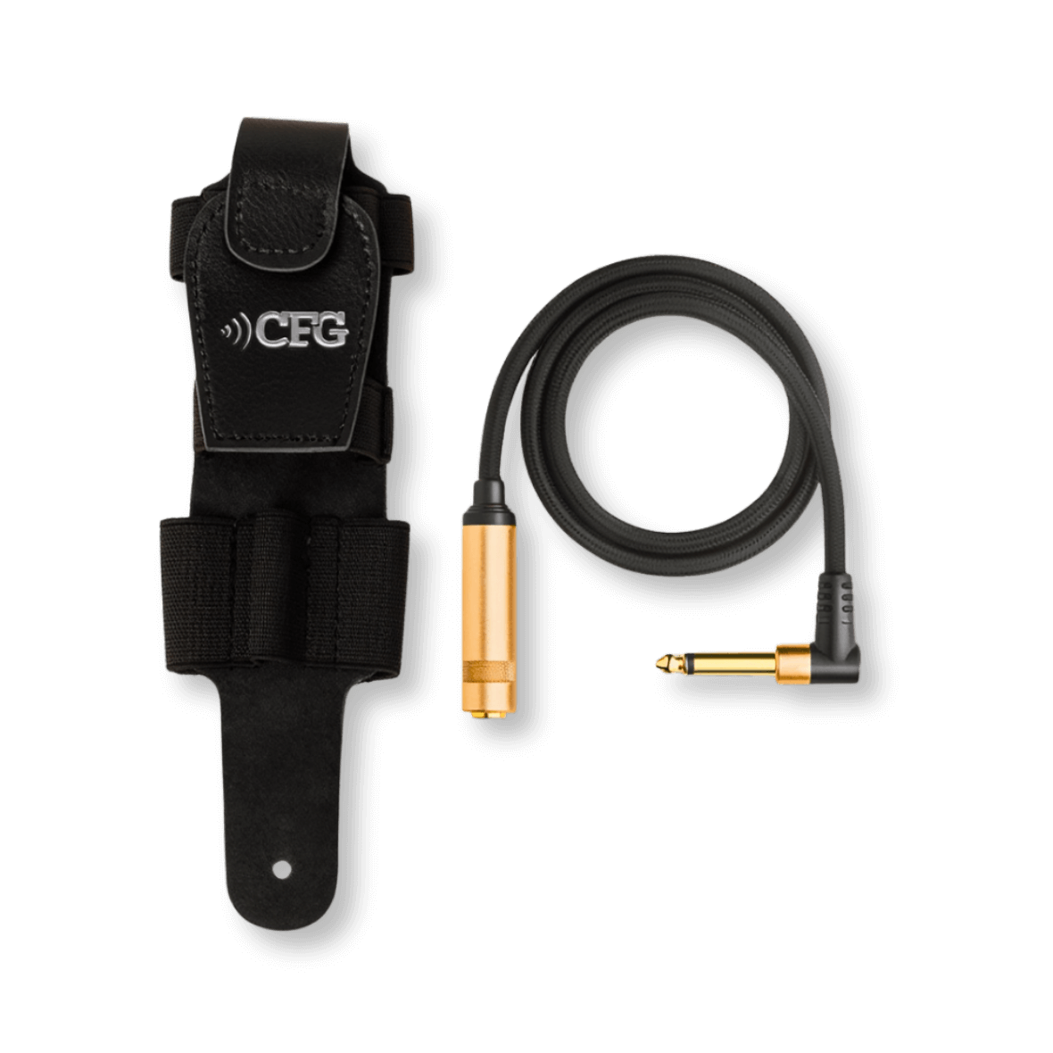 Black audio cable with gold connectors and a clip on a black background CFG Cable Free Guitar wireless guitar bass system transmitter holster belt pack Air-Pocket air pocket