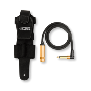 Black audio cable with gold connectors and a clip on a black background CFG Cable Free Guitar wireless guitar bass system transmitter holster belt pack Air-Pocket air pocket