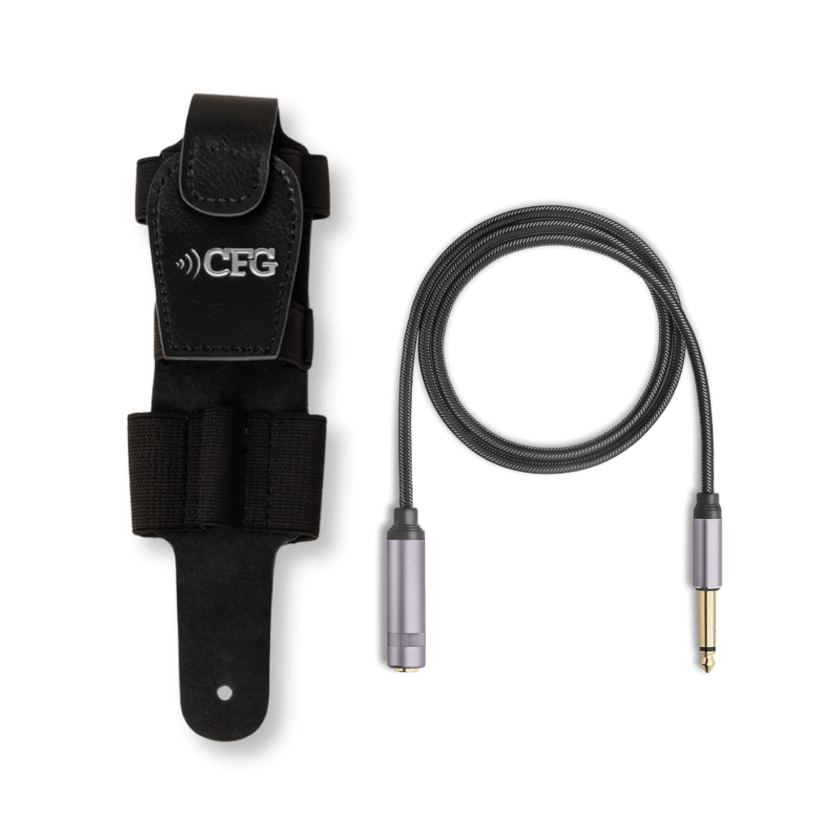 Black holstered device with a cable on a white background CFG Cable Free Guitar wireless guitar bass system transmitter holster belt pack Air-Pocket air pocket