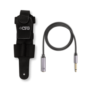 Black holstered device with a cable on a white background CFG Cable Free Guitar wireless guitar bass system transmitter holster belt pack Air-Pocket air pocket