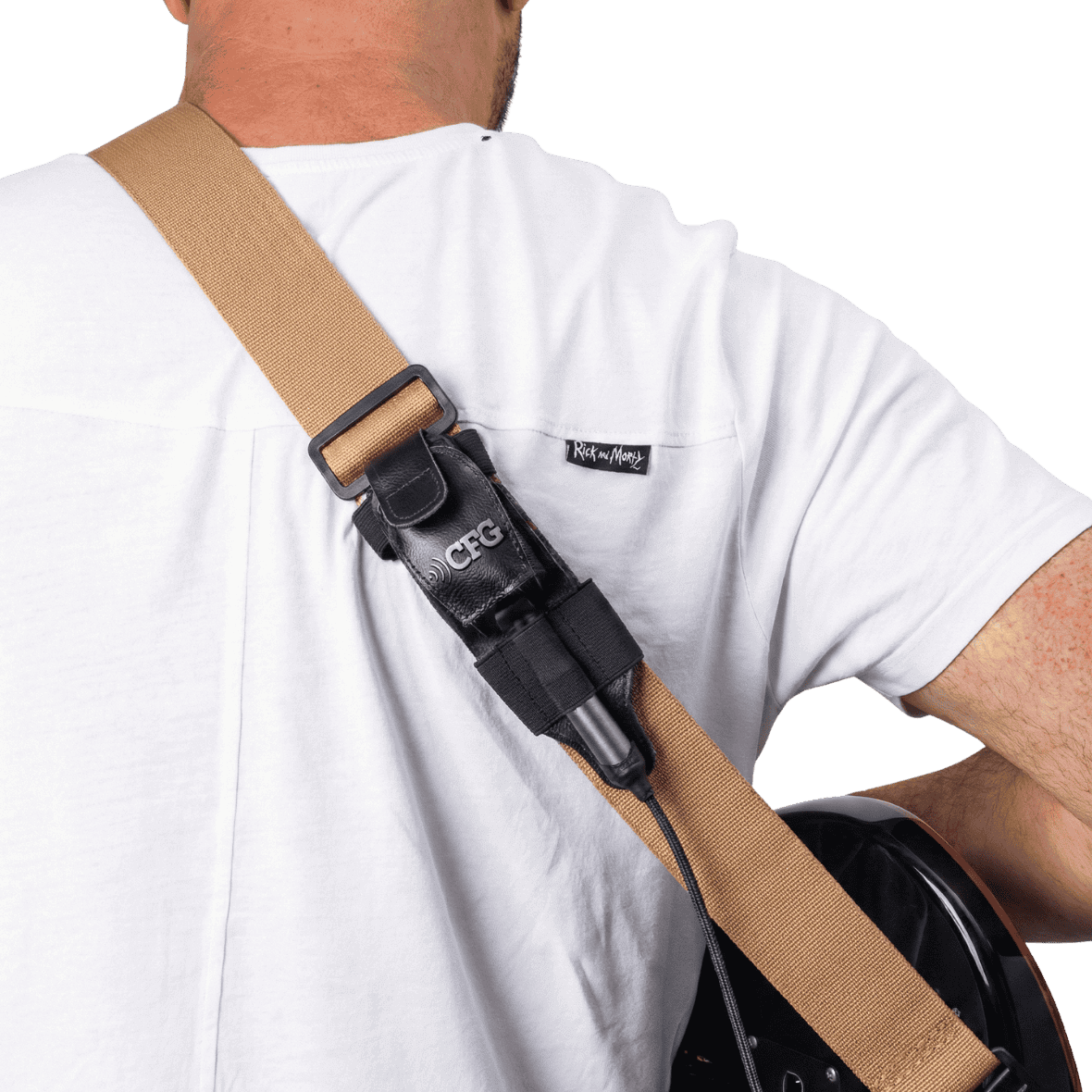 Person wearing a guitar with a beige strap over a white shirt CFG Cable Free Guitar wireless guitar bass system transmitter holster belt pack Air-Pocket air pocket