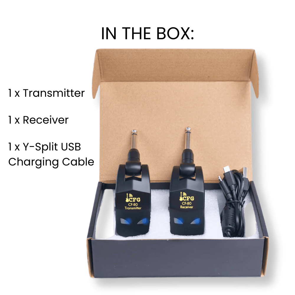 CFG Cable free guitar CF-80 CF80 wireless system 2_4GHZ guitar bass info graphic