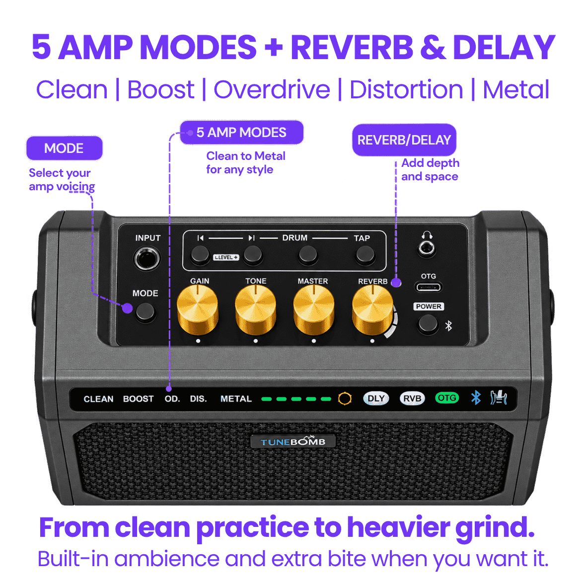 CFG cable free guitar TuneBomb 10w mini amp portable practice travel guitar bass amplifier rechargeable