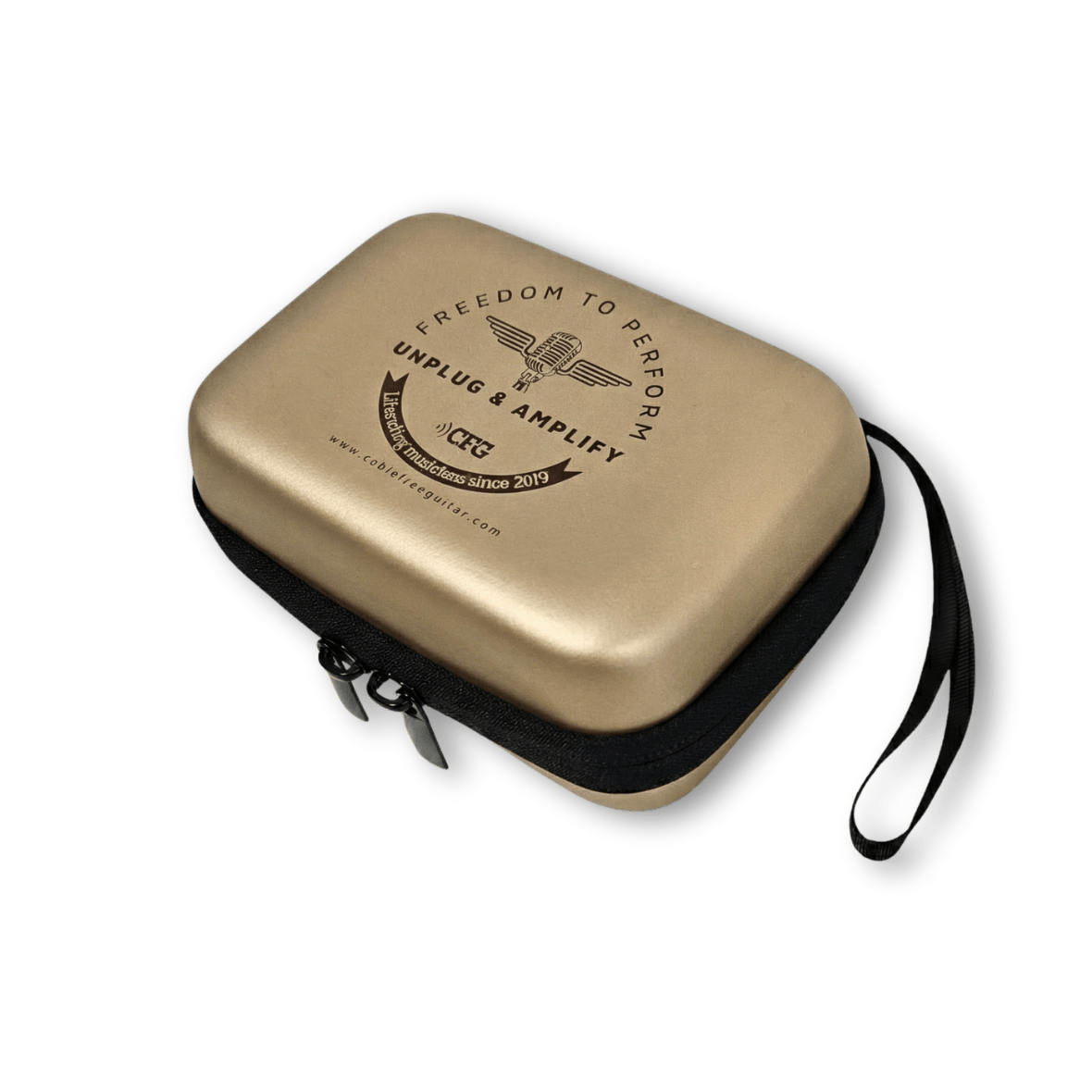 Gold-colored carrying case with branding on a transparent CFG cable free guitar Protective Carry Case for CFG XL-aiR Wireless XLR Mic Systembackground