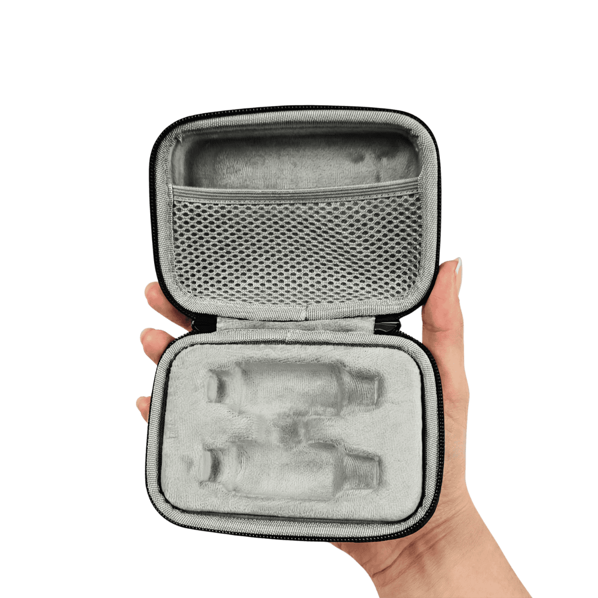 Hand holding a small gray interior carrying case with a clear lid on a transparent background CFG cable free guitar Protective Carry Case for CFG XL-aiR Wireless XLR Mic System