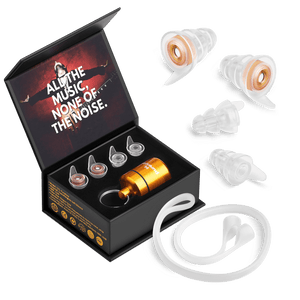 CFG Cable Free Guitar (CFG) PureNote High-Fidelity (Hi-Fi) Musicians' Earplugs set, featuring a waterproof protective carry case, two different shell sizes (Standard & Small), high-fidelity earplug filters providing 23dB noise reduction (NRR 19dB), and a PureNote earplug connector cord. Designed for musicians to protect hearing without compromising sound clarity