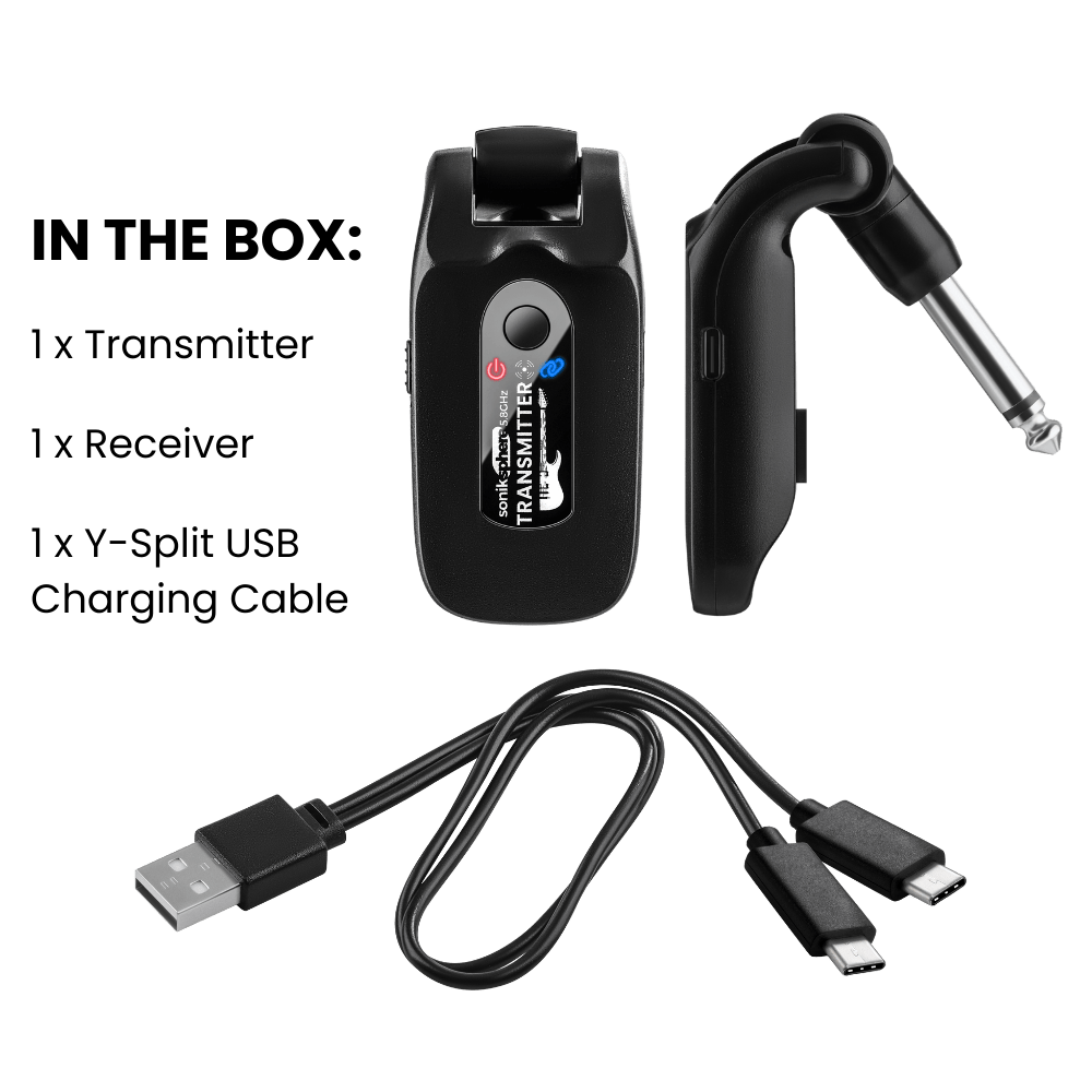SonikSphere Cable Free Guitar wireless system – 5.8GHz transmitter and receiver for low-latency, cable-free sound. Featured on CFG, with a 2-year warranty