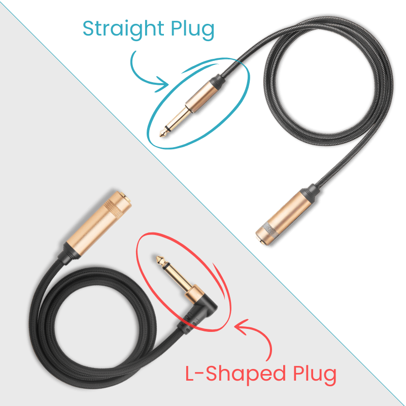 TS extension cable with a straight and angled L-shaped plug, designed to connect a wireless system transmitter to a guitar. CFG Cable Free Guitar cordless wireless guitar bass rock jazz metal blues r&b