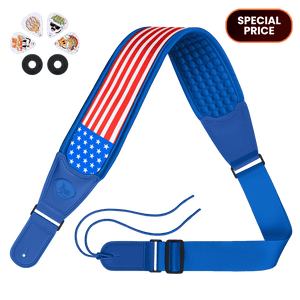 Blue guitar strap with American flag design and accessories on a transparent background USA CFG cable free guitar zero gravity strap for guitar and bass product picture