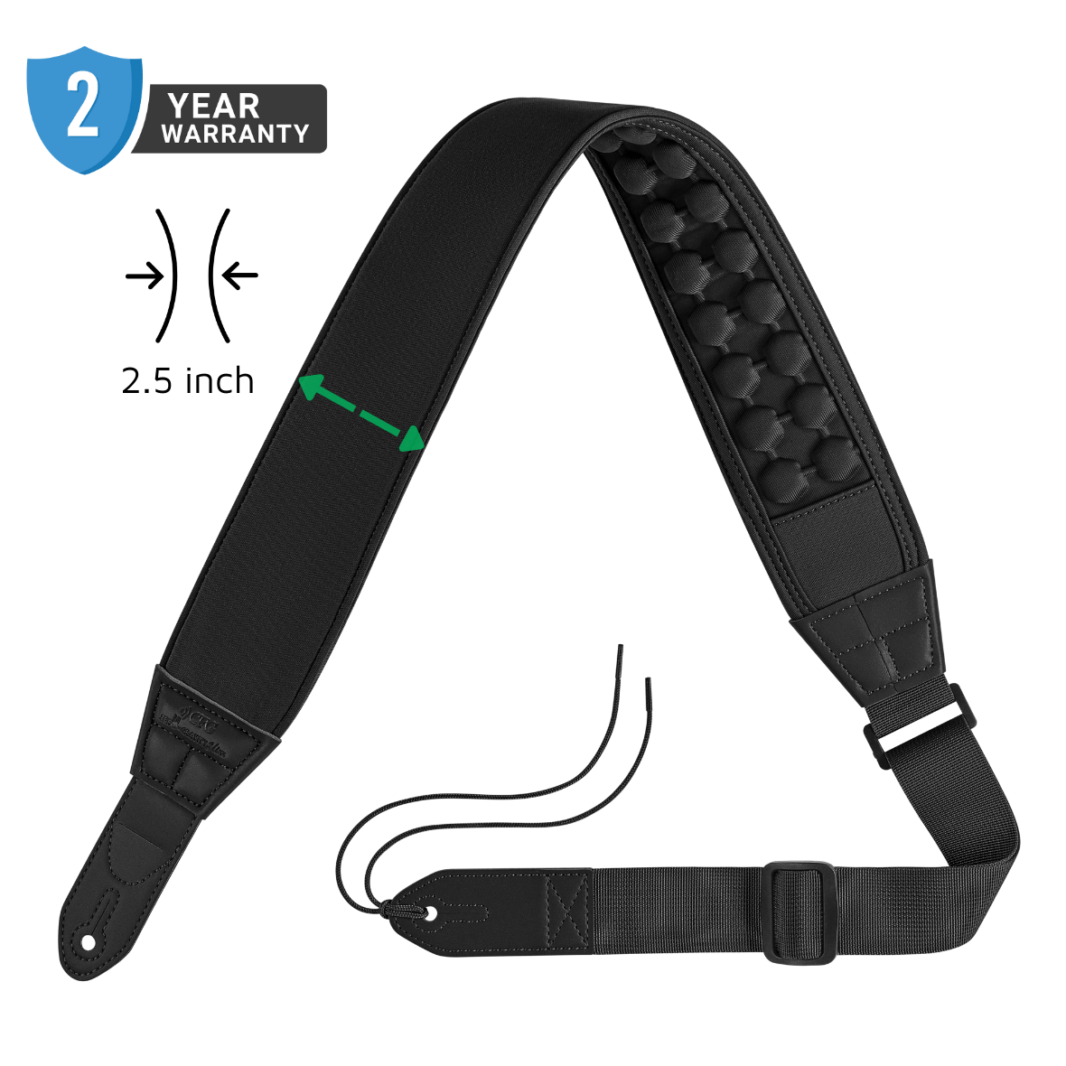 Black guitar strap with textured padding on a black background, featuring a 2-year warranty badge. ZERO-GRAVITY SLIM guitar and bass strap by CFG Cable Free Guitar neoprene padded comfort no pain strap belt weight high quality high-end aircell cushion 3d