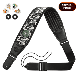 Camouflage-patterned guitar strap with accessories on a green background camouflage CFG cable free guitar zero gravity strap for guitar and bass product picture