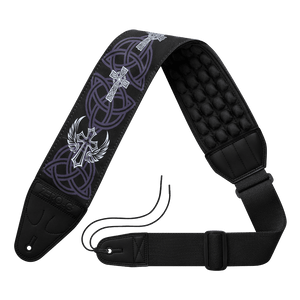Black guitar strap with Celtic cross designs on a white background ZERO-G Pro guitar and bass strap by CFG Cable Free Guitar neoprene padded comfort no pain strap belt weight high quality high-end aircell cushion 3d