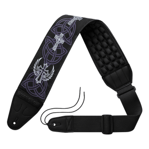 Black guitar strap with Celtic cross designs on a white background ZERO-G Pro guitar and bass strap by CFG Cable Free Guitar neoprene padded comfort no pain strap belt weight high quality high-end aircell cushion 3d