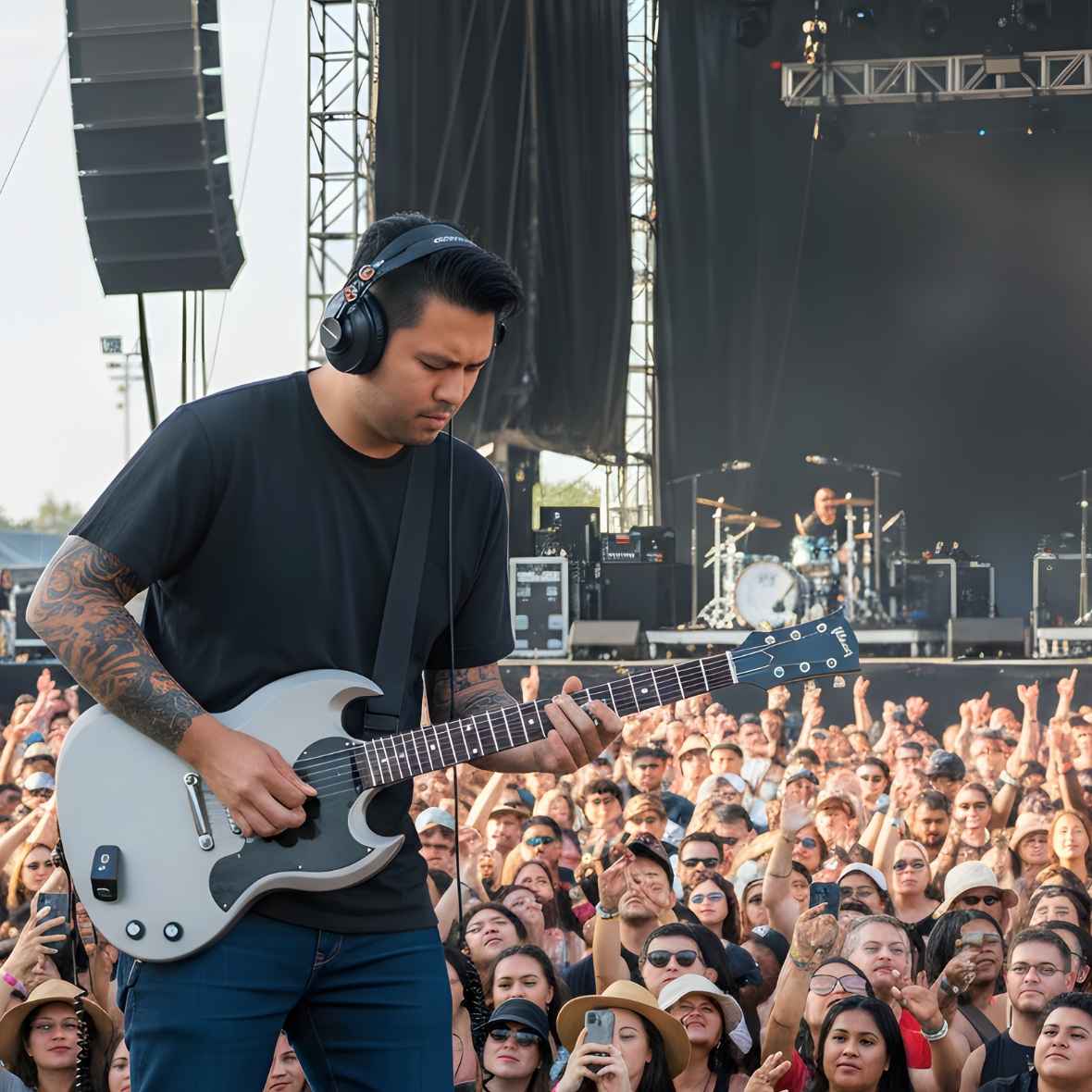 man playing guitar o stage using a CFG cable free guitar SonikSphere 5.8ghz wireless guitar system for guitar and bass