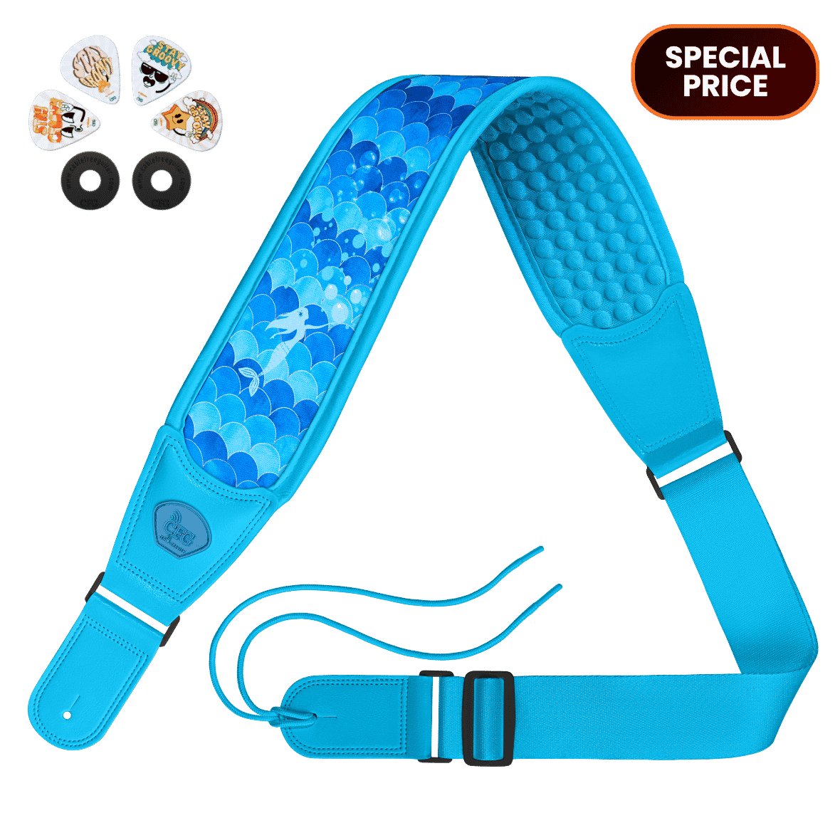 Blue guitar strap with accessories on a green background mermaids CFG cable free guitar zero gravity strap for guitar and bass product picture