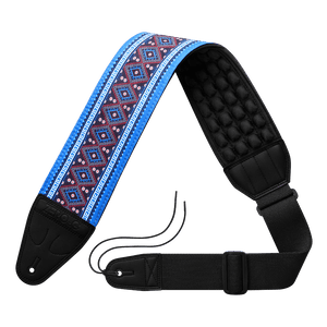 Guitar strap with blue and red pattern on a transparent background ZERO-G Pro guitar and bass strap by CFG Cable Free Guitar neoprene padded comfort no pain strap belt weight high quality high-end aircell cushion 3d