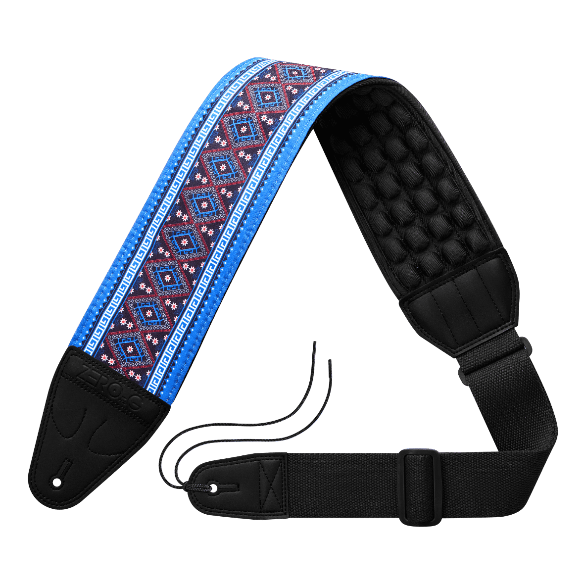 Guitar strap with blue and red pattern on a transparent background ZERO-G Pro guitar and bass strap by CFG Cable Free Guitar neoprene padded comfort no pain strap belt weight high quality high-end aircell cushion 3d