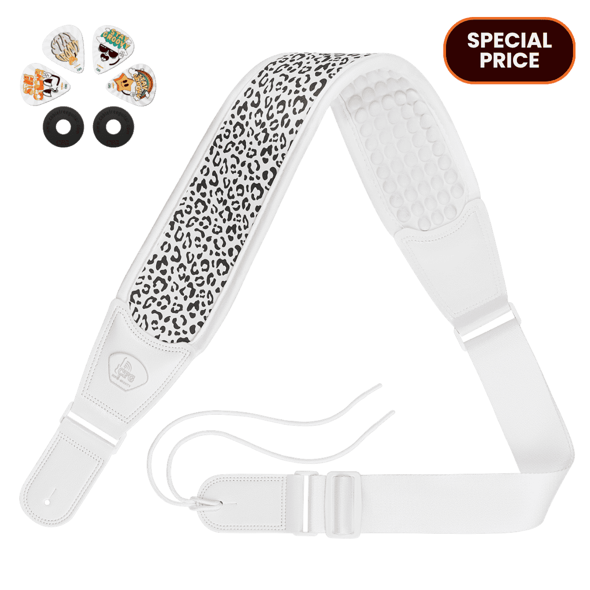 White guitar strap with leopard print pattern on a green background white leopard CFG cable free guitar zero gravity strap for guitar and bass product picture